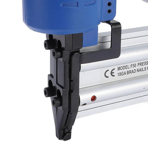Close-up of Heavy Duty Pneumatic Brad Nailer With Rock Solid Aluminum Body For Fast Trim Installation And 18 Gauge Woodfastening Projects.