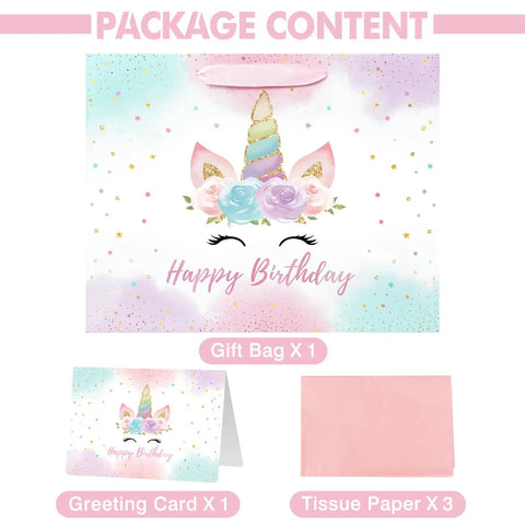 13 Inch Unicorn Birthday Gift Bag With Card And Tissue Paper For Baby Girls And Kids Birthday Bash, Includes 1 Large Gift Bag, 3 Pink Tissue Papers, 1 Greeting Card For Easy Wrapping