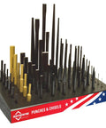 57 Piece Punch And Chisel Display Set For Mechanics And Pros on multi color tray, featuring various sizes of tools.