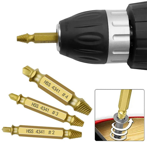 Six Piece Screw Extractor Drill Bit Set for Stripped and Broken Screws, showing high-speed steel bits and drill using extractor