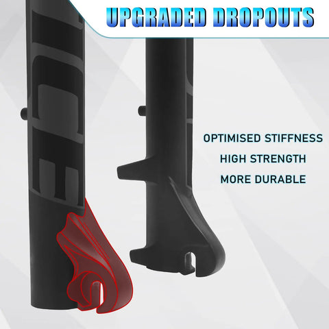 Upgraded dropouts of Beefed Up 26 Inch Fat Tire Electric Bike Front Fork With Air Suspension, 180mm Travel, 135mm Hub Spacing