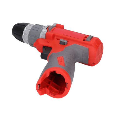 Heavy Duty Cordless Drill Driver And Impact Wrench Combo High Torque 20-52Nm With 25 Speed Settings Rubber Grip For Home Improvement Projects ABS Construction Power Tool You Will Love angled view of red and gray drill.