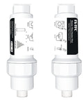 Inline Sediment And Anti Scale Water Filter For Hose Three Quarter Inch GHT Thread Reusable And High Flow Totally Perfect For Washing Machines Heaters Garden And RV Use Cuts Sediment And Scale Build Up Two Pack, showing both filters.