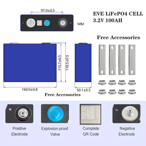 Straight Up Grade A LiFePO4 Battery Cell 100Ah 3.2V Deep Cycle Lithium Iron Phosphate Prismatic Module with dimensions and accessories.