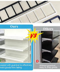 Top Shelf Double Sided Gondola Shelving Display Featuring Adjustable Four Tier Store Shelves For Retail Grocery And Liquor Center Island Premium Steel Commercial Rack Straight Up Built Solid Heavy Lifter Setup comparison of ours with guardrail and others without guardrail