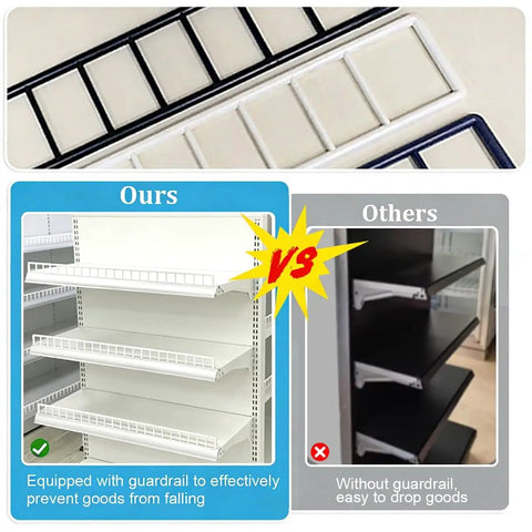 Top Shelf Double Sided Gondola Shelving Display Featuring Adjustable Four Tier Store Shelves For Retail Grocery And Liquor Center Island Premium Steel Commercial Rack Straight Up Built Solid Heavy Lifter Setup comparison of ours with guardrail and others without guardrail