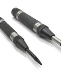 Heavy Duty Automatic Center Punch With Replaceable Hardened Steel Tip Spring Loaded Precision Marking Tool For Shop And Metalworking Projects, two sizes, black and silver.