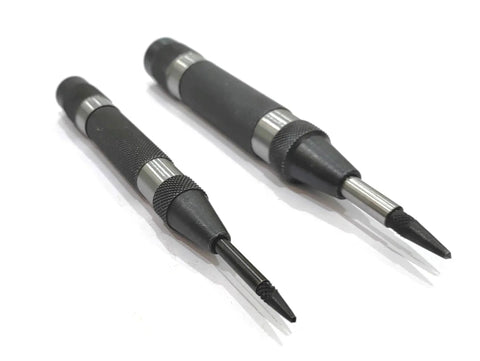 Heavy Duty Automatic Center Punch With Replaceable Hardened Steel Tip Spring Loaded Precision Marking Tool For Shop And Metalworking Projects, two sizes, black and silver.
