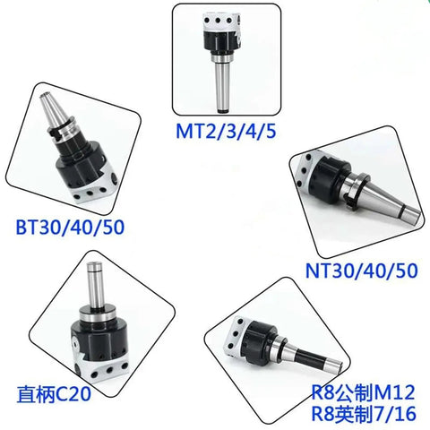 Premium One Piece Collet Chuck Holder For BT30 And R8 MT2 Tapers With F1 Boring Bar Adapter displayed in various taper options.
