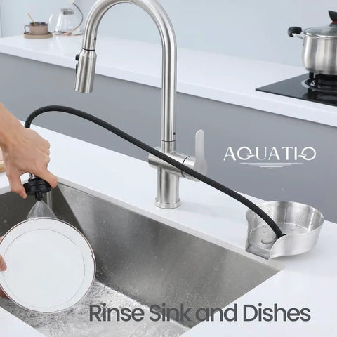 No Fuss Two In One Sink Glass Rinser Stainless Steel Cup Washer With 360 Reach Pull Out Spray Head For Glasses And Plates Nifty Snap On Design That Tackles Grime And Leaves Everything Spotless in action rinsing dishes.