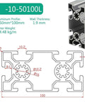 Heavy Duty Aluminum Extrusion Rail 50x100mm With 10.2mm Slot For DIY Machine Framework And CNC Printers, diagram view