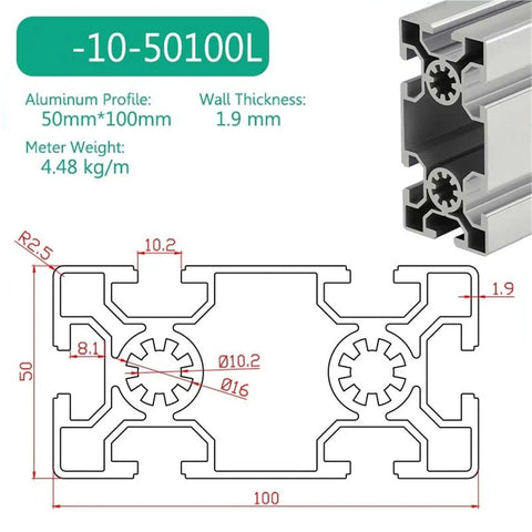 Heavy Duty Aluminum Extrusion Rail 50x100mm With 10.2mm Slot For DIY Machine Framework And CNC Printers, diagram view