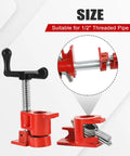 Close-up of Rock Solid Four Pack Half Inch Pipe Clamps For Wood Glue Ups Made From Heavy Duty Cast Iron featuring adjustable lever.