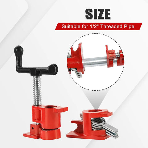 Close-up of Rock Solid Four Pack Half Inch Pipe Clamps For Wood Glue Ups Made From Heavy Duty Cast Iron featuring adjustable lever.