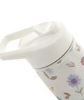 Double Wall Vacuum Insulated Metal Water Bottle With Secure Straw Lid Keeps Drinks Ice Cold Through The Daily Grind And On The Go Hustles For Gym Goers And Office Crews, floral design lid detail.