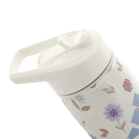 Double Wall Vacuum Insulated Metal Water Bottle With Secure Straw Lid Keeps Drinks Ice Cold Through The Daily Grind And On The Go Hustles For Gym Goers And Office Crews, floral design lid detail.