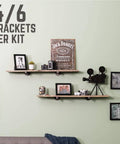 Hella Sturdy Industrial Pipe Shelf Brackets Six Inch Four Pack wall mounted on green wall displaying decorative items.