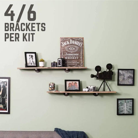 Hella Sturdy Industrial Pipe Shelf Brackets Six Inch Four Pack wall mounted on green wall displaying decorative items.