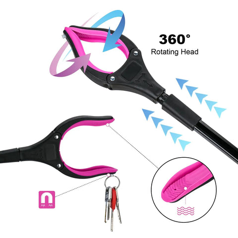 32 Inch Reacher Tool With 360 Degree Rotating Head And 4 Inch Wide Claw Foldable Grabber Pickup Tool Anti Slip Magnetic Jaw For Seniors And Everyday Reaching Litter, Groceries, High Shelves Purple