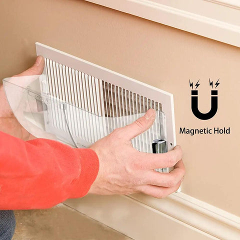Person installing Unbreakable Air Deflector Built To Last 8 To 12 Inch Adjustable Heat And Air Deflector with magnetic mount on vent.