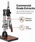 Grab And Go Manual Espresso Maker, 16 Bar Pressurized Brewing, showcasing stainless steel body and wood grain lever.