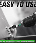 26 Piece Hex Head Allen Wrench Drill Bit Set With One Quarter Inch Hex Shank Quick Change Bit Holder in use on a metal hinge