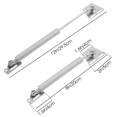 Four Pack Drop Down Gas Struts For Drop Front Desks, 100 Newtons, 22 Pounds Each, with dimensions and metal construction
