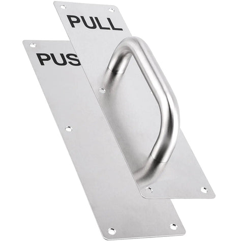 2 Sets 12 By 3 Inch Stainless Steel Door Handle And Push Pull Plates Bundle With 24 Screws For Commercial And Home Office Doors In Silver Tough Build For Easy Install And Lasts In High Traffic Environments. Stainless steel push pull plates with handle, front angle