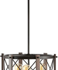 Oil Rubbed Bronze 30 Inch 5 Light Farmhouse Drum Pendant Light With Dimmable LED Bulbs Included, iron basket shade close-up view.