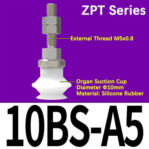 Zpt 10bs A5 White Silicone Vacuum Suction Cup For Internal Thread Industrial Pneumatic Manipulator Grabber Tool with M5 thread.