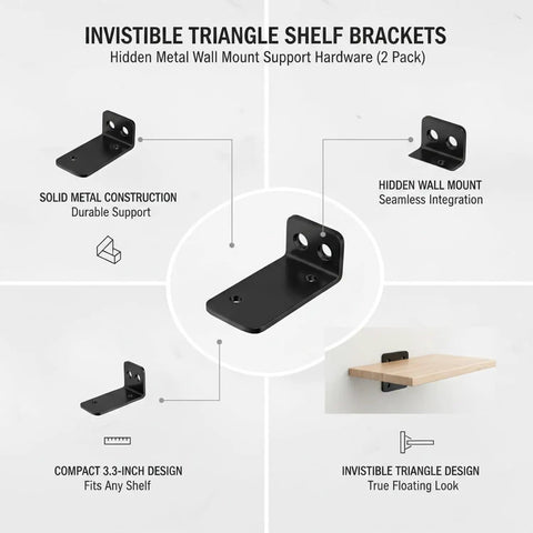Hidden Triangle Shelf Brackets 2-Pack, Minimalist Metal Wall Mounts For Floating Shelves, 3.3 Inch Support showing design features