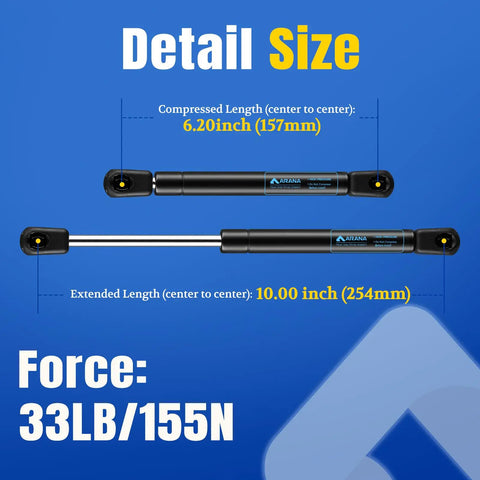 Gas Struts 10 Inch 33 Lb With Brackets Heavy Duty Lift Supports size details, compressed 6.20 inches, extended 10 inches