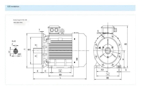 Technical drawing of 15KW 1500RPM Beefy Heavy Duty Permanent Magnet Synchronous Servo Motor With Variable Frequency Drive.