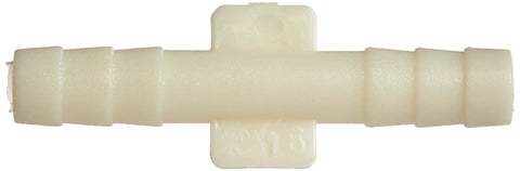 Side view of white plastic restrictor, Dorman Help! 47311, 3/16 in bore, ribbed shaft with cross mounting tabs