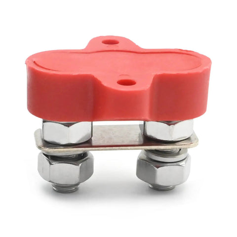 Heavy Duty 2 Piece 5 16 Dual Stud Battery Distribution Block 12 Volt 200 Amp Positive Negative Bus Bar For Auto Marine Truck Built Tough No Sweat Wiring Pro Grade close-up of red rubber cover and metal base