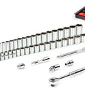 3/8 Inch Drive 6-Point Socket Set With Rails And Tray, 44-Piece Metric Shallow And Deep Sockets 6 To 24 Mm, Ratchet Included