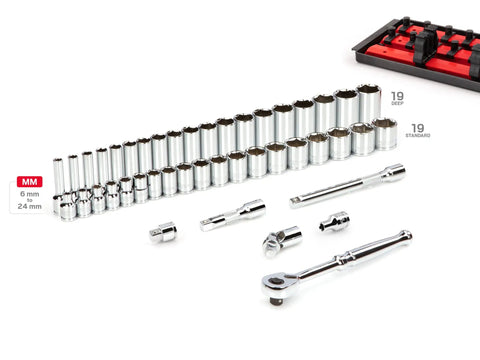 3/8 Inch Drive 6-Point Socket Set With Rails And Tray, 44-Piece Metric Shallow And Deep Sockets 6 To 24 Mm, Ratchet Included