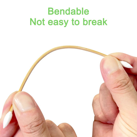 Hands bending Double Pointed Cotton Swabs 200 Pcs Bamboo Sticks For Precision Cleaning with text 'Bendable, Not easy to break'