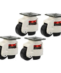 Rock Solid Heavy Duty Swivel Casters With Quick Adjust Leveling Feet Smooth Rolling 360 Degree Anti Skid Base For Industrial Workbenches And Heavy Equipment Four Pack Set view from the side.