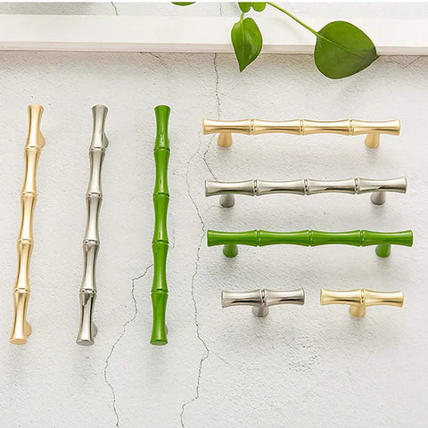 Dope Bamboo Shape Zinc Alloy Cabinet Knob Set 6 Pack Single Hole Golden Finish Built Tough For Dresser Drawer Cupboard Door Pulls With Smooth Edges Easy Install Classic Hardware Upgrade, bamboo shape knobs in gold, silver and green