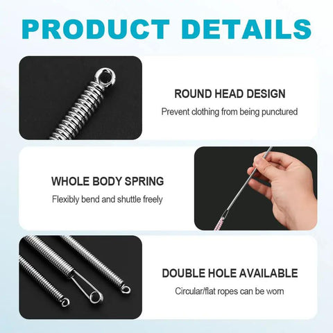Two Pack Spring Drawstring Needle Threader Set with Easy Threader Clips for Hoodies and Pants, product features image