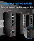 Badass Full Gigabit Din Rail Ethernet Switch Built Like A Tank For Demanding Industrial Networks And Heavy Duty Factory Automation Setup With Reliable Plug And Play Connectivity, showing 4-port model on 35mm din rail.
