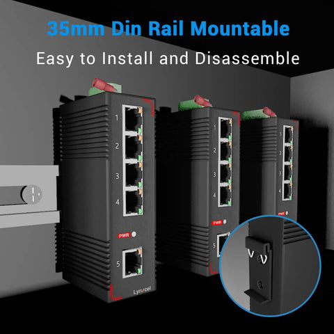 Badass Full Gigabit Din Rail Ethernet Switch Built Like A Tank For Demanding Industrial Networks And Heavy Duty Factory Automation Setup With Reliable Plug And Play Connectivity, showing 4-port model on 35mm din rail.