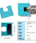 Magnetic Hinge Installation Jig And Mortise Template Set For Wood Doors, Cabinets, And Drawers Drill Free, Precise 2Mm Groove Alignment, Quick Hinge, Strike And Latch Plate Installation, 10 Piece DIYers And Pros Tool Kit; blue plastic jig with dimensions.