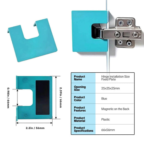 Magnetic Hinge Installation Jig And Mortise Template Set For Wood Doors, Cabinets, And Drawers Drill Free, Precise 2Mm Groove Alignment, Quick Hinge, Strike And Latch Plate Installation, 10 Piece DIYers And Pros Tool Kit; blue plastic jig with dimensions.