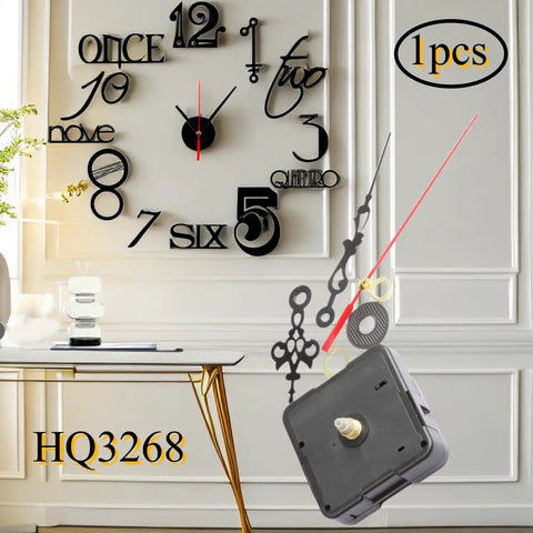 Easy Fit Quartz Clock Movement DIY Repair Kit for Wall Clocks with black ultra slim mechanism shown with stylish wall clock.
