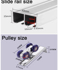 Sliding Double Track Barn Door Hardware Kit cross-section showing rail and pulley sizes for Ceiling Mount and Pocket Door Rails.