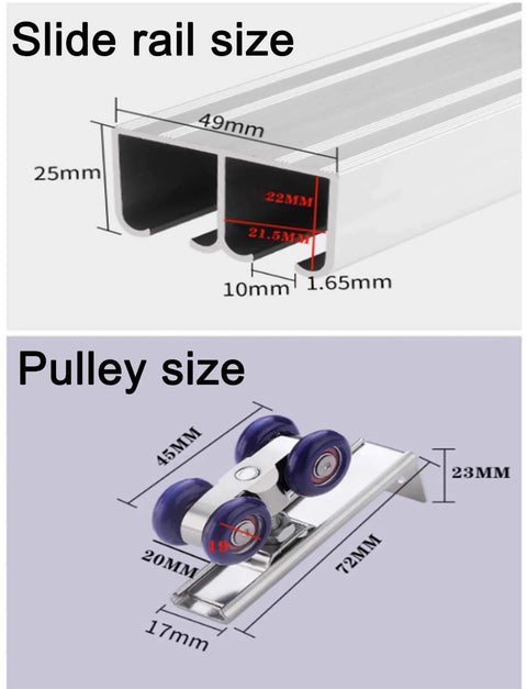Sliding Double Track Barn Door Hardware Kit cross-section showing rail and pulley sizes for Ceiling Mount and Pocket Door Rails.