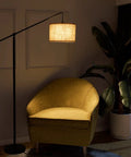 Arc Floor Lamp With Cantilever Arm For Couch And Reading Nook, adjustable height, natural linen drum shade, matte black metal pole