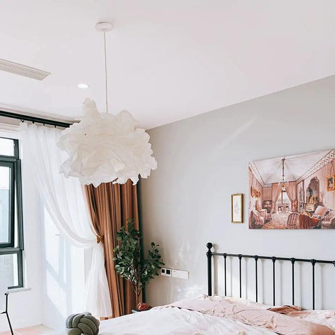 Bedroom with 5.9 Inch White Ceiling Plate Light Kit With Hardware Rewind Single Hole Canopy For Pendant Lighting, soft drapes, and artwork.